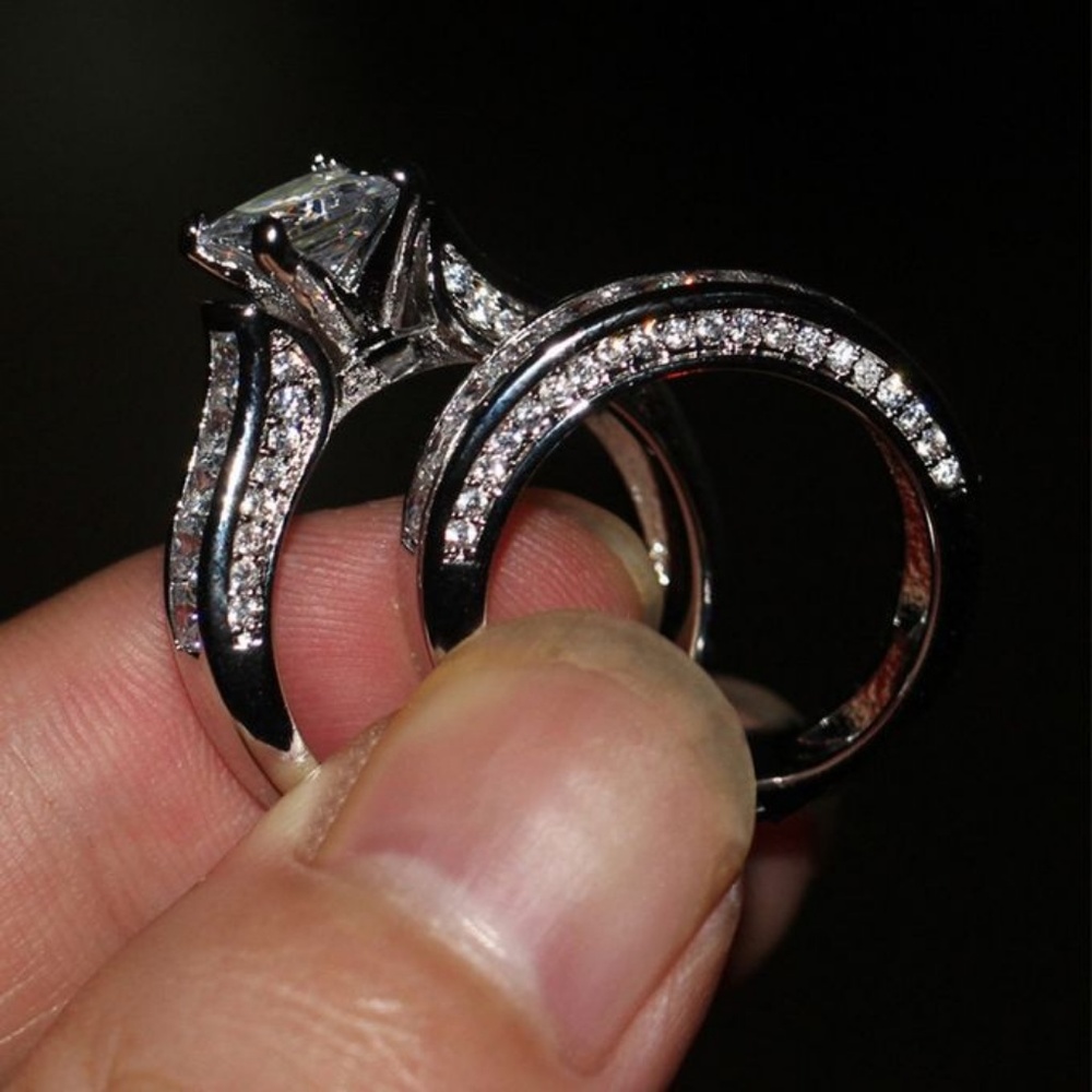 NEW 2pc 925 Silver Princess Cut Diamond Ring Z - Picture 4 of 5
